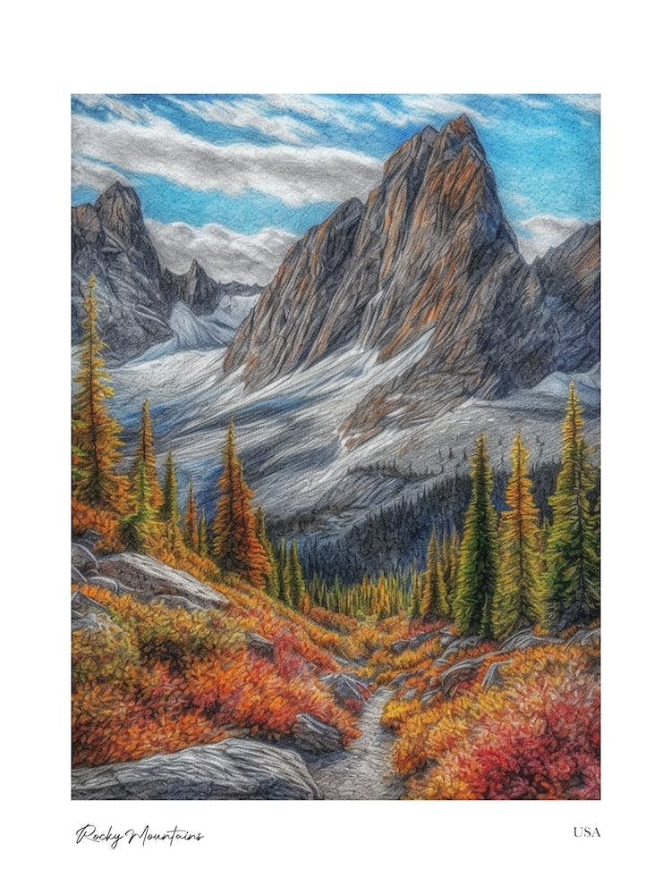 Rocky Mountains Usa Pencil Sketch 1 Watercolour Travel Poster