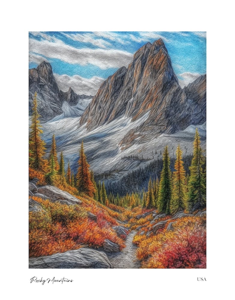 Rocky Mountains Usa Pencil Sketch 1 Watercolour Travel Poster