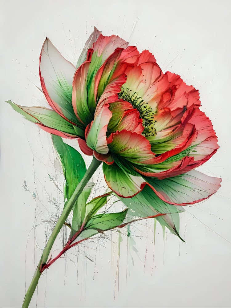 Green and Red Flower - Peony Mixed Media Art