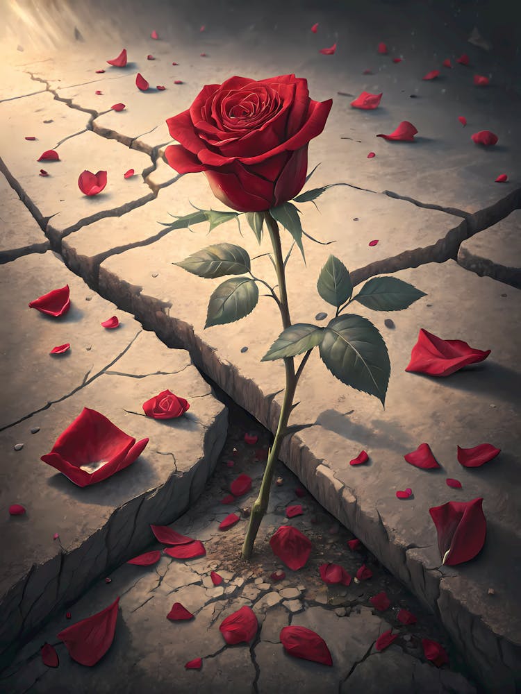 Oil Painting Style Resilient Rose from Concrete Symbolic Red Flower Art on Cracked Ground