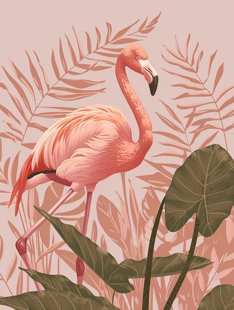 American Flamingo And Alocasia Elephant Ear Minimalist Illustration 2