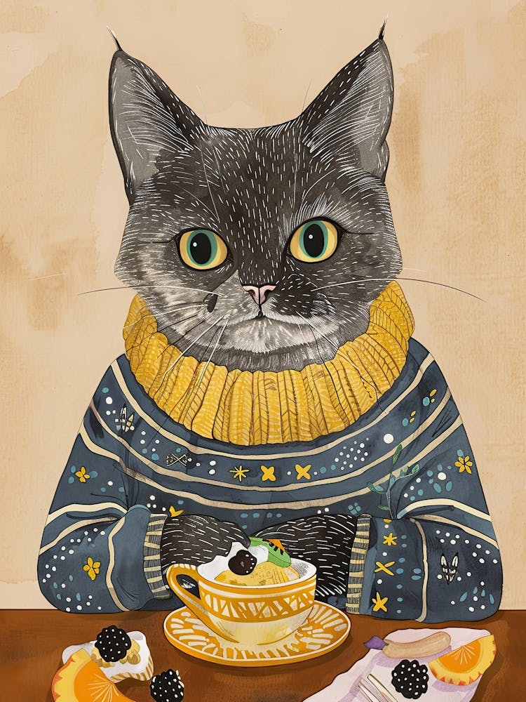 Grey Cat Having Breakfast Folk Illustration 3