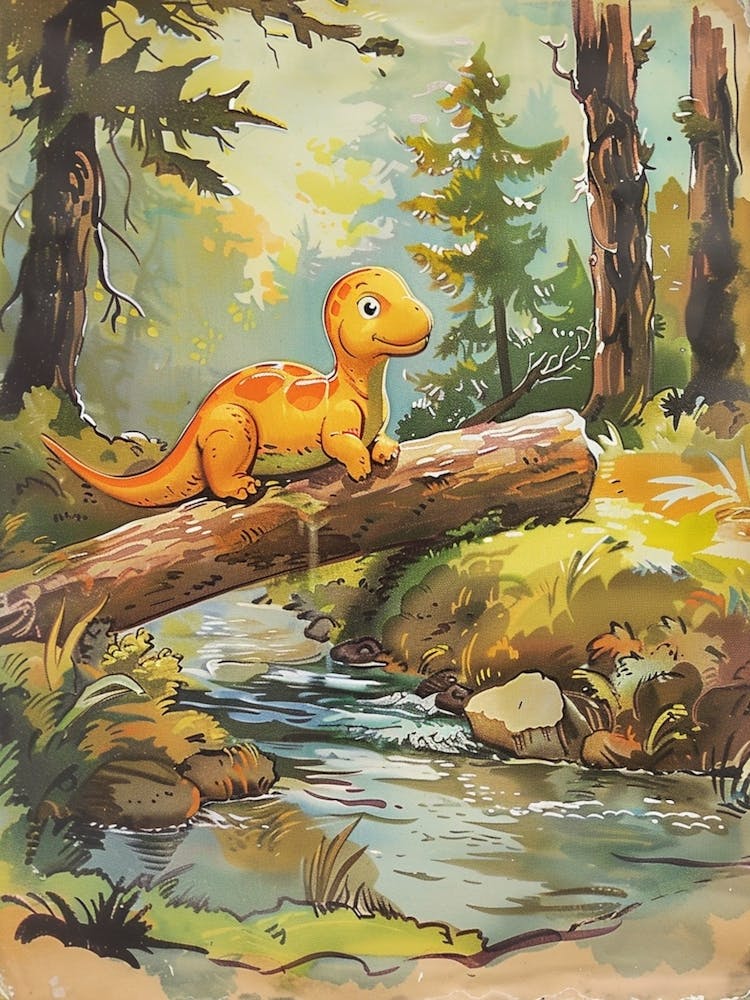 Storybook Style Dinosaur Crossing The River With A Log Painting 3