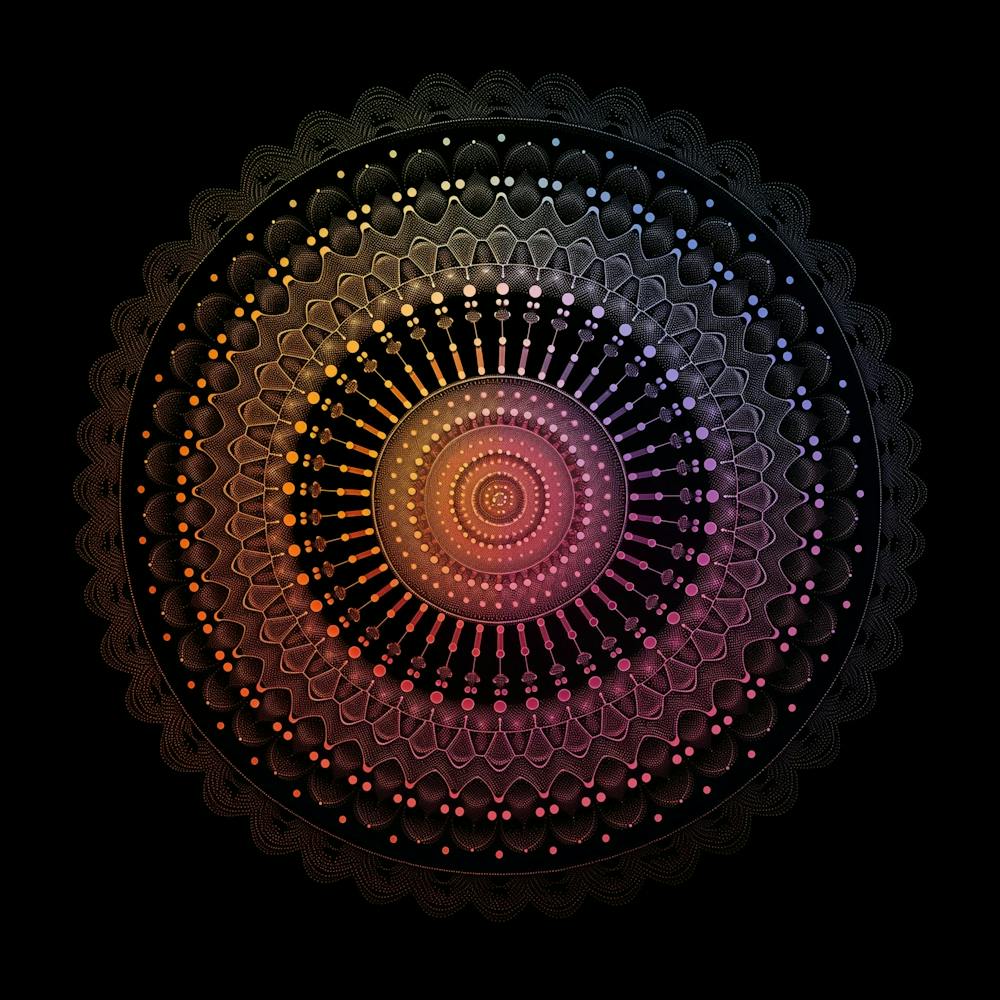 Dot Mandala, Minimal, Phi Proportions, Mathematical, Black Background, Vibrant Color, Digital Art