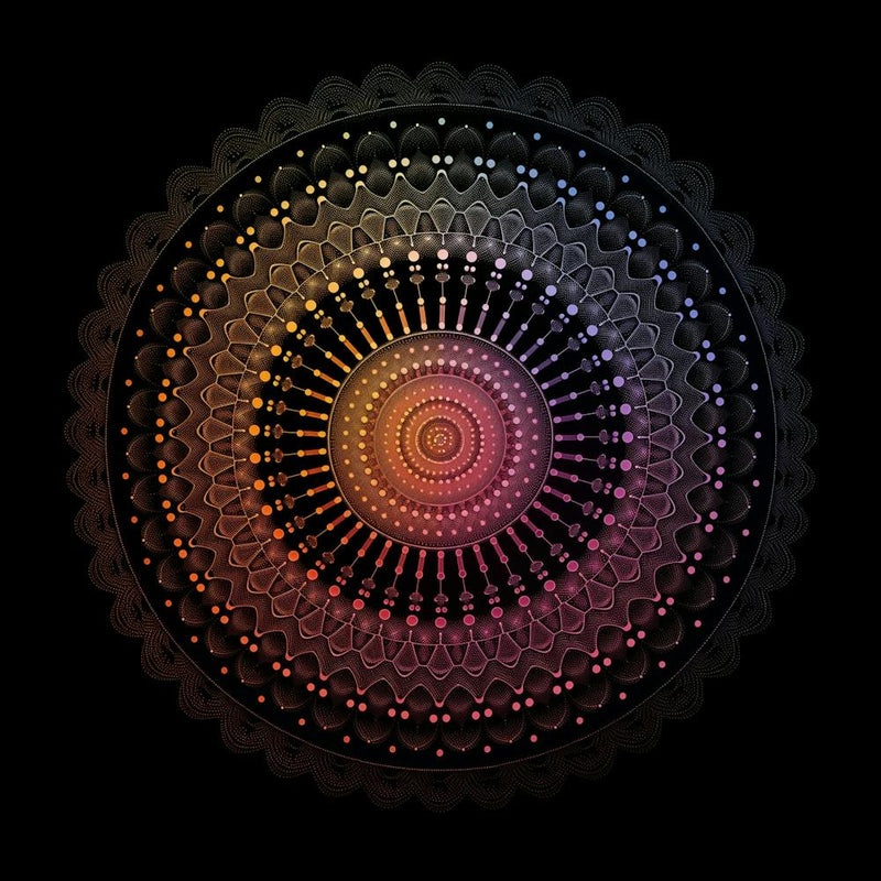 Dot Mandala, Minimal, Phi Proportions, Mathematical, Black Background, Vibrant Color, Digital Art