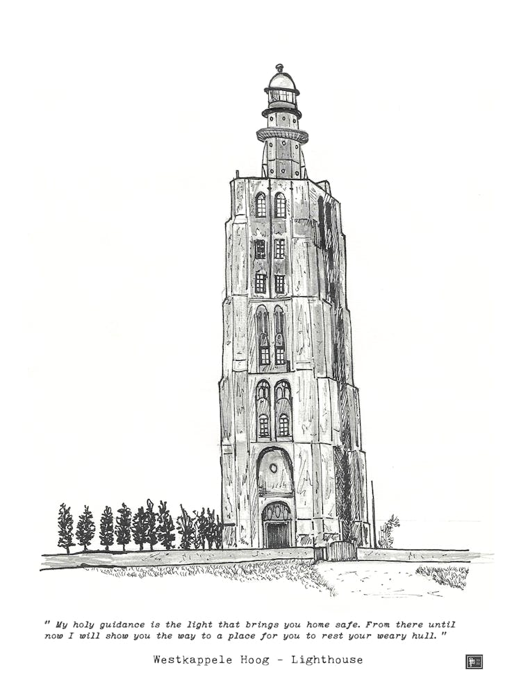 Westkapelle Hoog Lighthouse Netherlands - Dutch Pen & Ink Fine Line Sketch