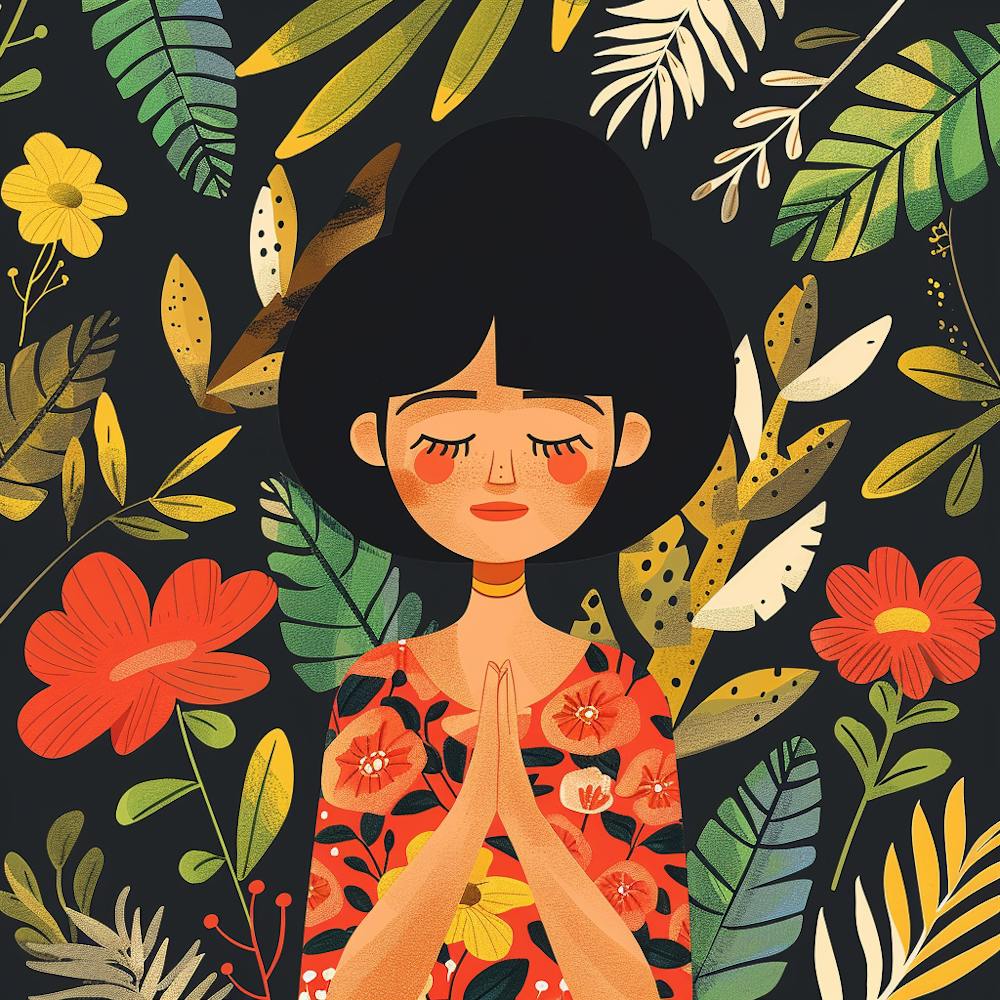 Asian Girl Praying With Flowers