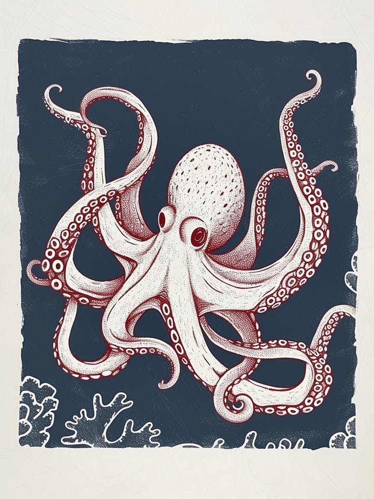 Linocut Inspired Red Octopus With The Coral 1