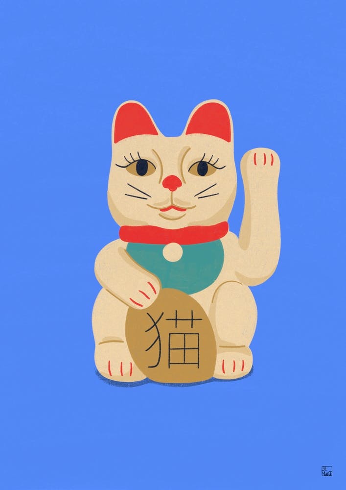 Maneki Neko Cat On Blue