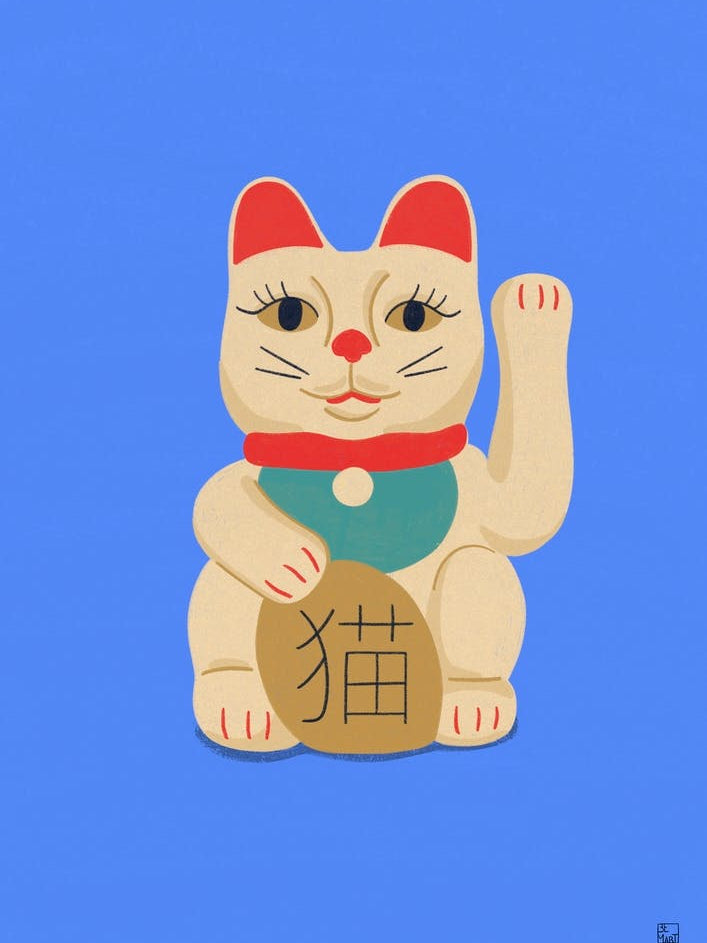 Maneki Neko Cat On Blue