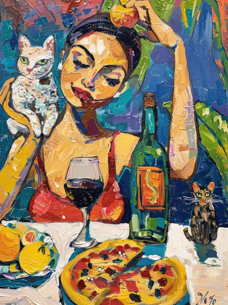 Portrait Of A Girl With Cats Eating Pizzas 4