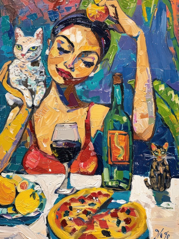 Portrait Of A Girl With Cats Eating Pizzas 4