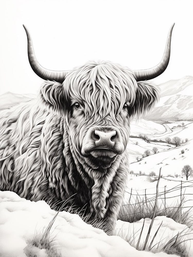 Snowing Highland Cow In Rolling Fields