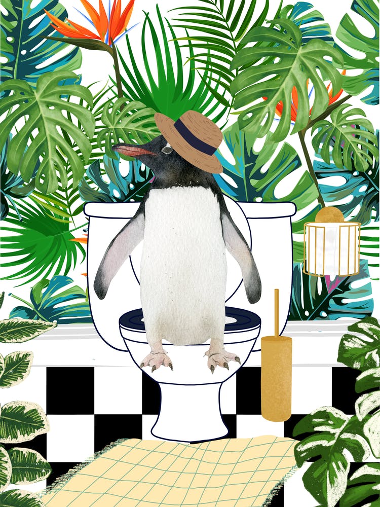 Penguin on Toilet Funny Animal Bathroom