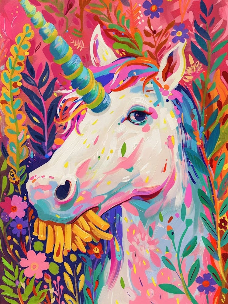 Unicorn Eating Fries Colourful Fauvism Inspired