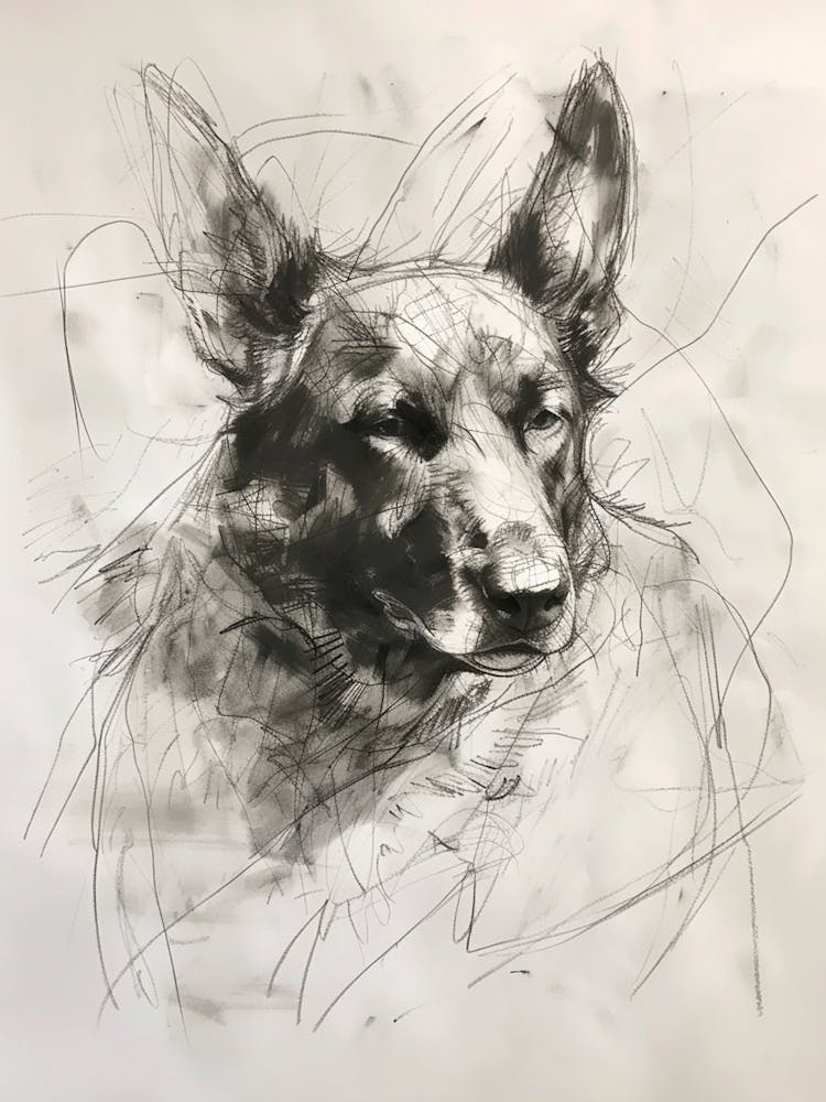 German Shepherd Charcoal Scribble Line