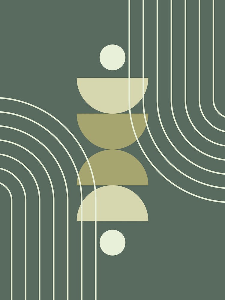 Mid Century Modern Geometric Abstract Shapes, Rainbow, Sun, Moon Phases in Sage Green