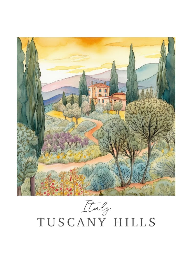 Italy Tuscany Hills Storybook 3 Travel Poster Watercolour