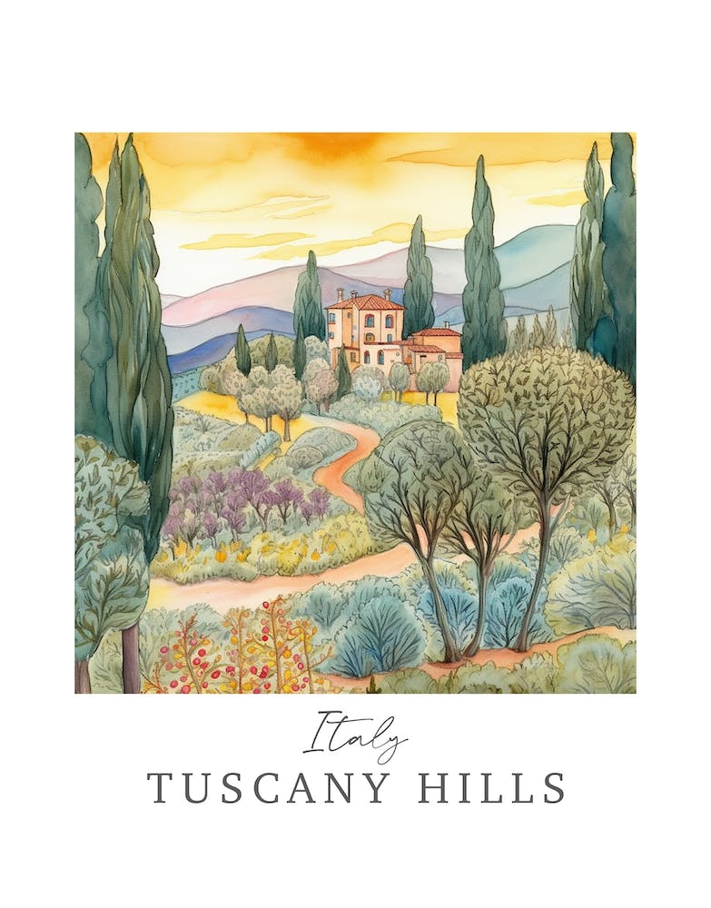 Italy Tuscany Hills Storybook 3 Travel Poster Watercolour
