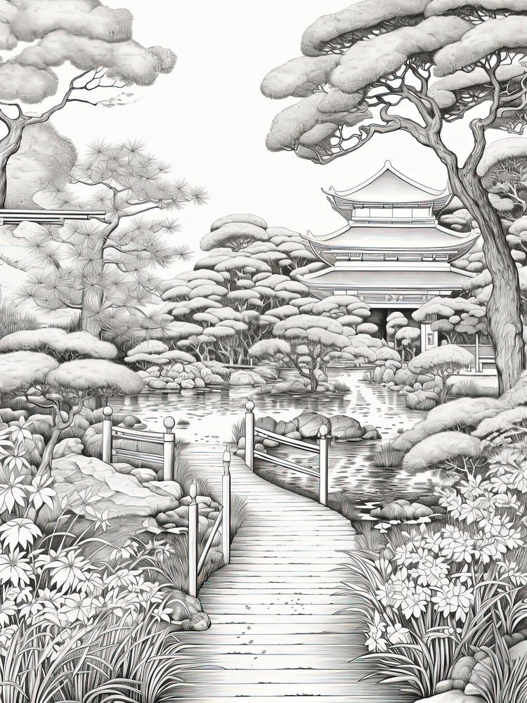 Rikugien Garden In Tokyo, Ukiyo E Schwarz-Weiß-Strichzeichnung 2