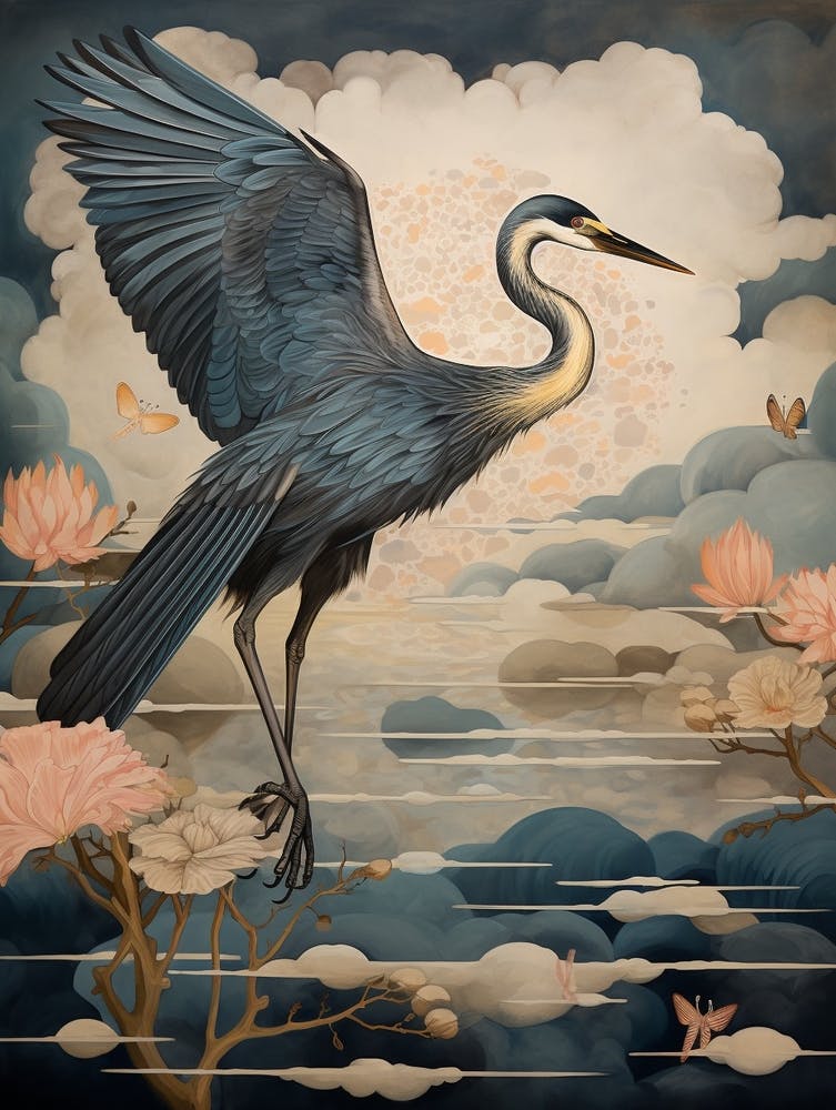 Peinture Grand Héron bleu 3 avec détails dorés