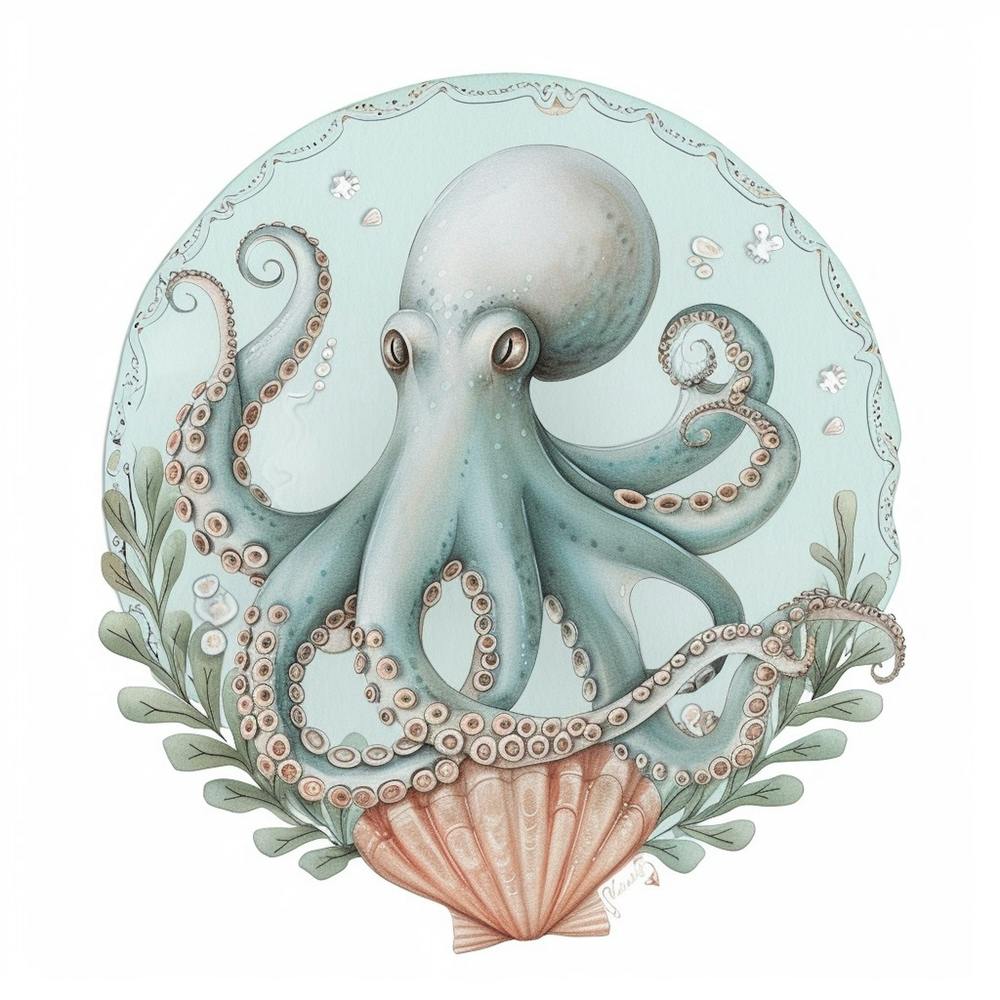 Oktopus im Märchenbuch-Stil mit Muscheln 1