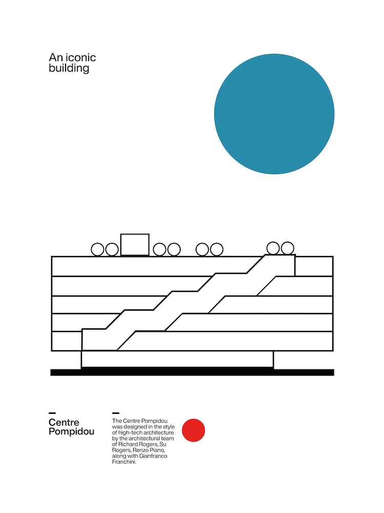 Minimalist poster illustration of The Centre Pompidou architecture by Richard Rogers, Su Rogers, Renzo Piano