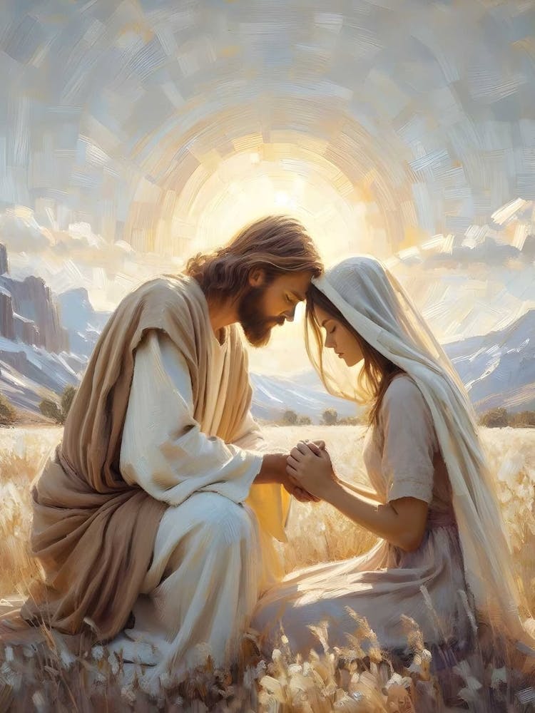 Sunlight And Prayers, Digital Christian Art, Jesus And Girl Prayer, Jesus Praying, Jesus With Woman, Jesus Wall Art, Lds Prints, Bible Art