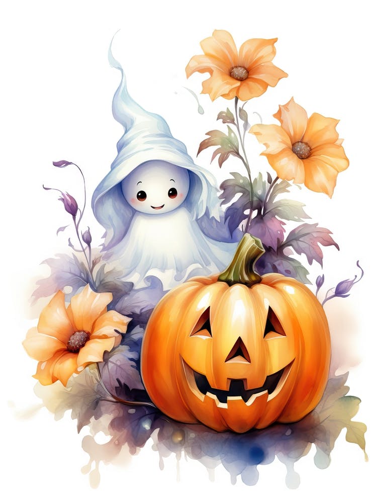 Cute Ghost With Pumpkins Halloween Watercolour 48