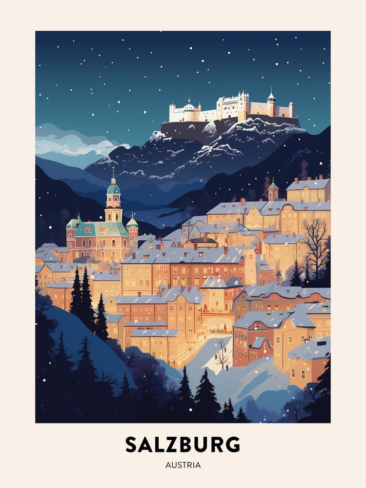 Winter Night  Travel Poster Salzburg Austria 3