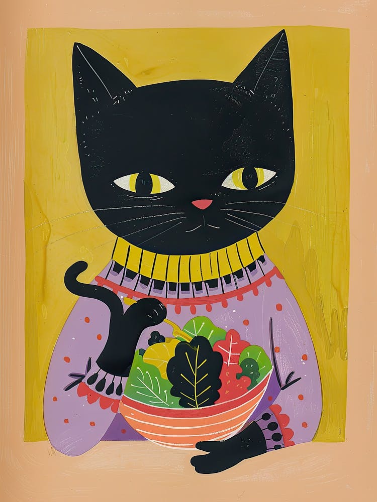 Black Cat Eating Salad Folk Illustration 1