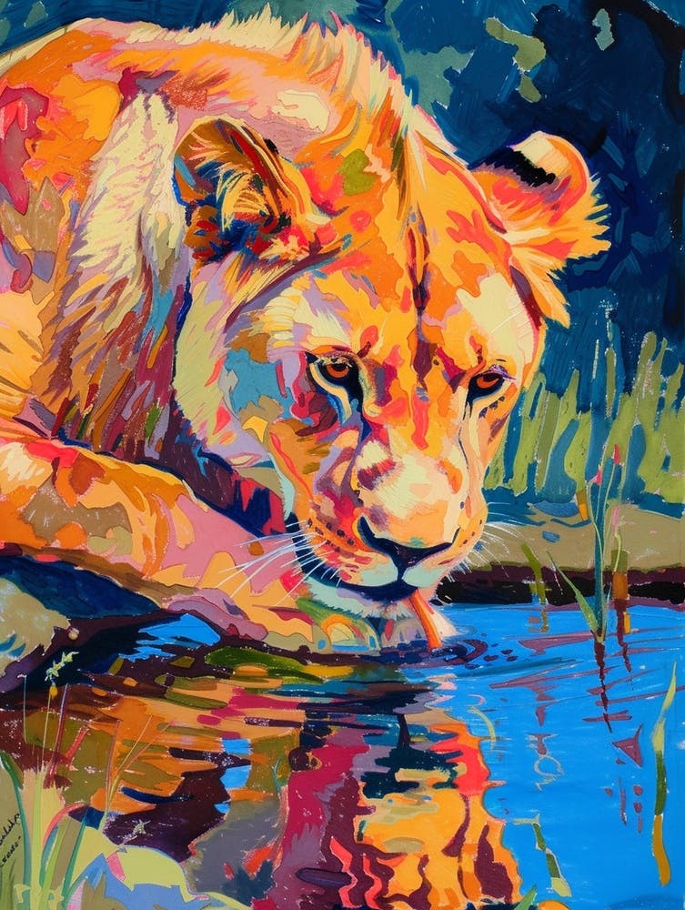 Lion d'Afrique du Sud-Ouest buvant à un point d'eau Peinture Fauviste 4