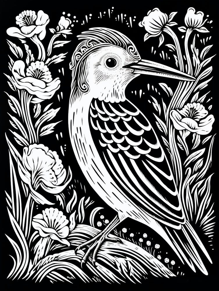 B&W Bird Linocut Hoopoe 2