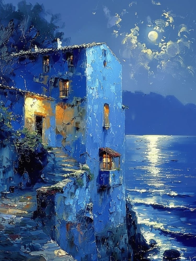 Blue Moon over Aegean Sea |Paradise Beautiful Landscape Scenery Painting | Contemporary for Feature Wall | Vibrant Beautiful Wall Decor in HD