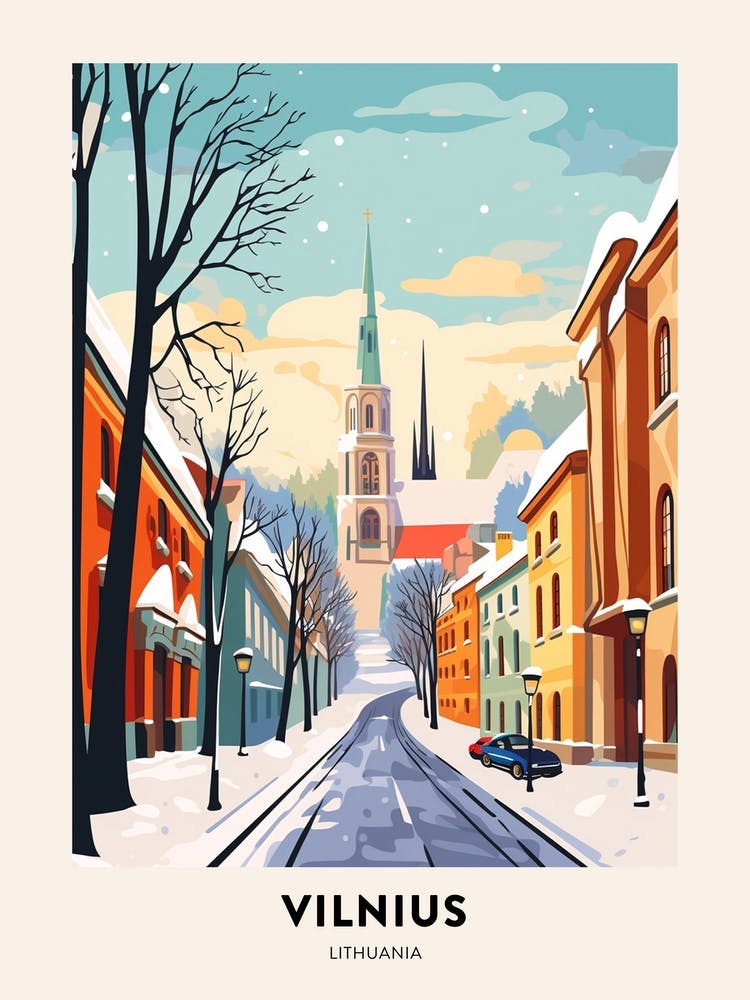 Vintage Winter Travel Poster Vilnius Lithuania 2