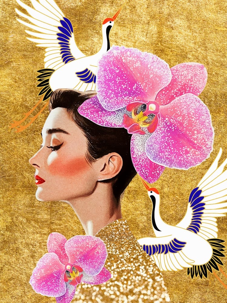 Audrery Hepburn Avec orchidées et grues pop art maison maximaliste, art mural mode Décor de Bureau Glam, art collage audacieux techniques mixtes feuille d'or décor féminin, œuvre surréaliste intérieur chambre luxe