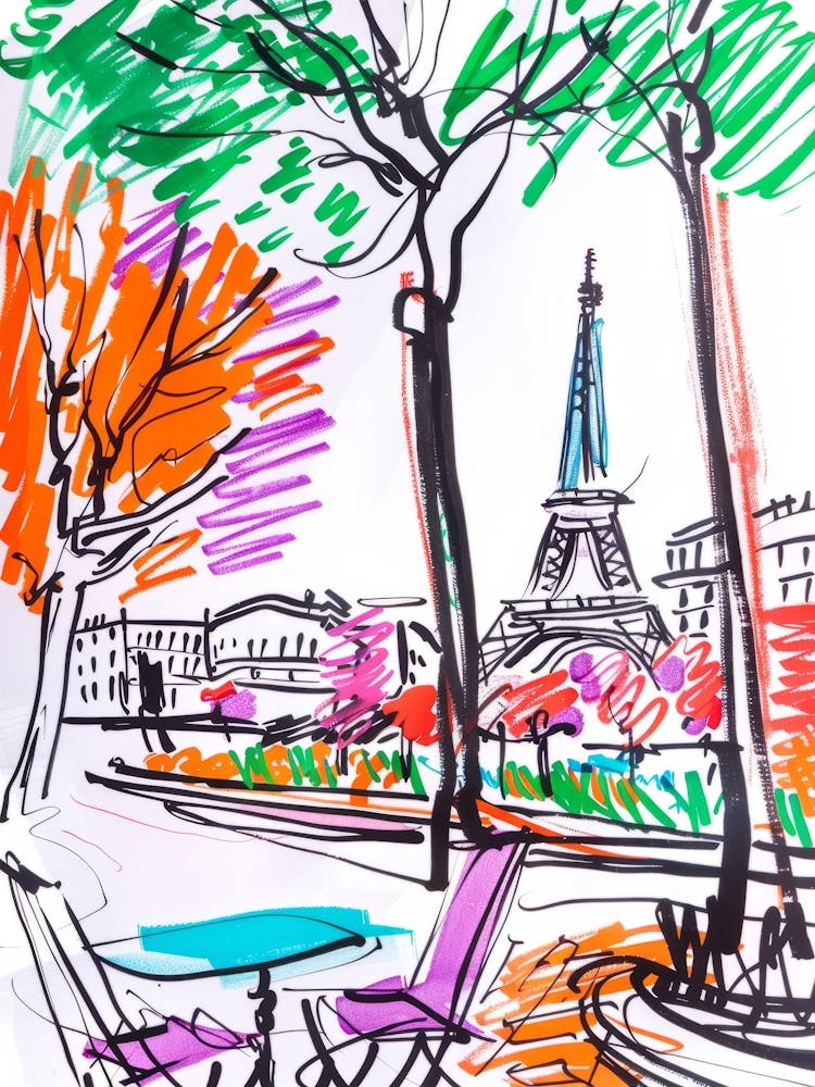 Parisien Street with view on a Eiffel Tower. Matisse Style Travel French Sketch
