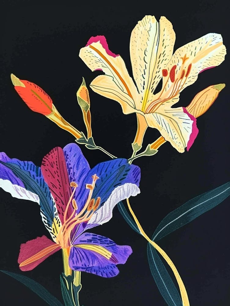 Neon Flowers On Black Freesia 1