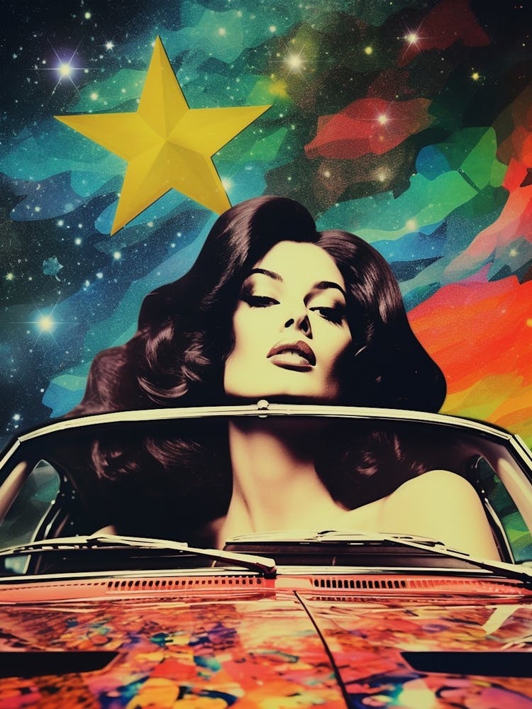 Retro Pin Up Woman In Classic Car Space Collage