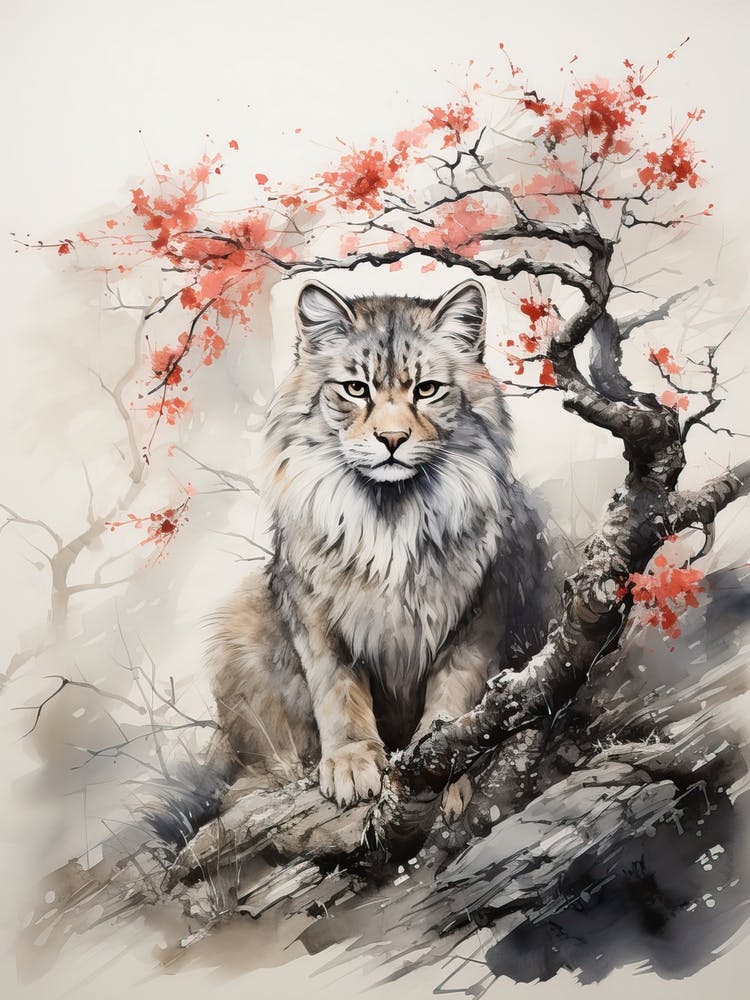 Lion, Japanese Brush Painting, Ukiyo E, Minimal 1