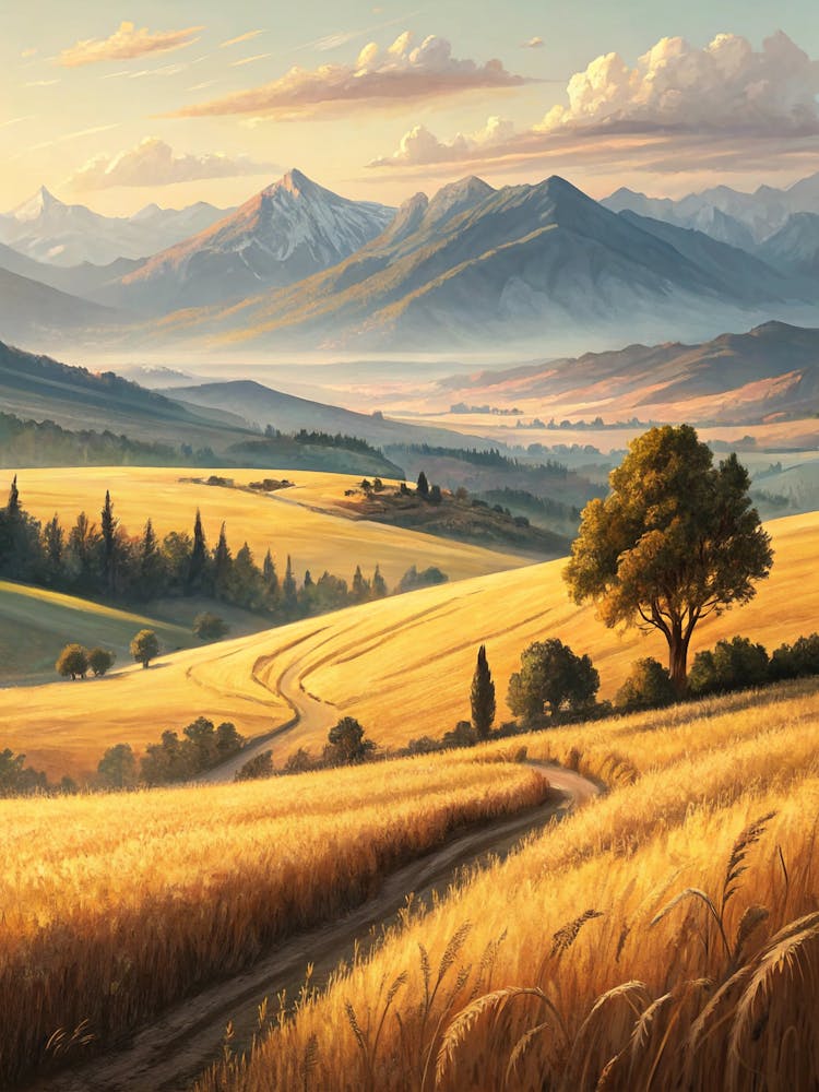 Oil Painting Style Golden Fields Stretching Towar