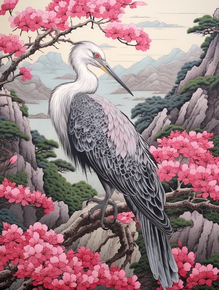 Pink Blossoms And Crane 3 Vintage Japanese Botanical