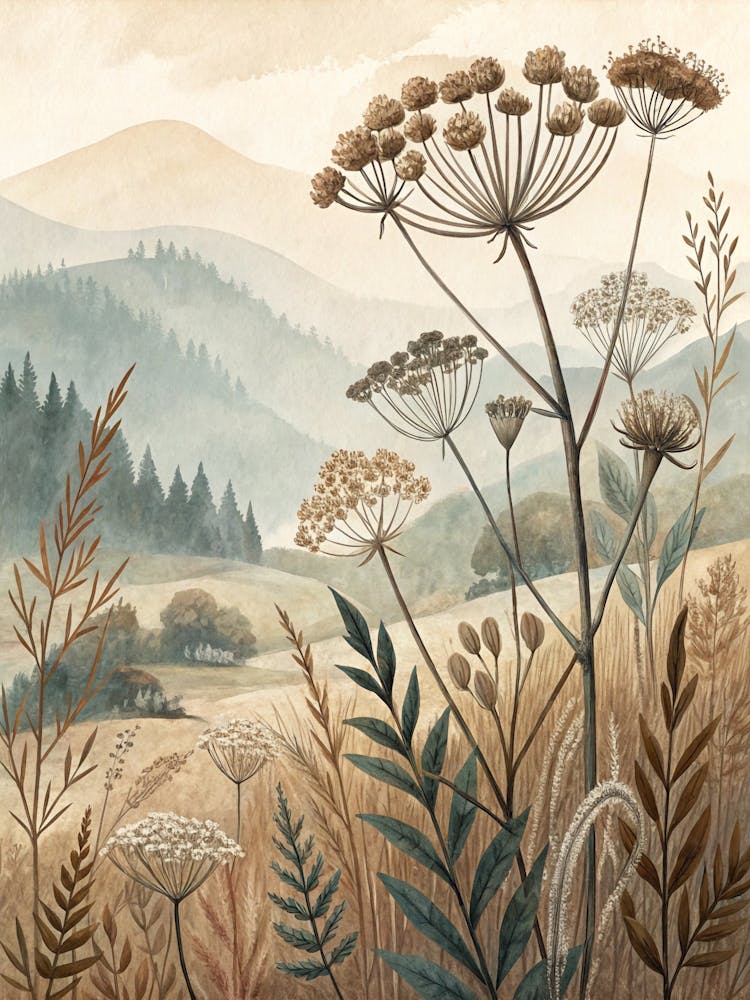 Oil Painting Style Dried Botanical Forms In Earthy