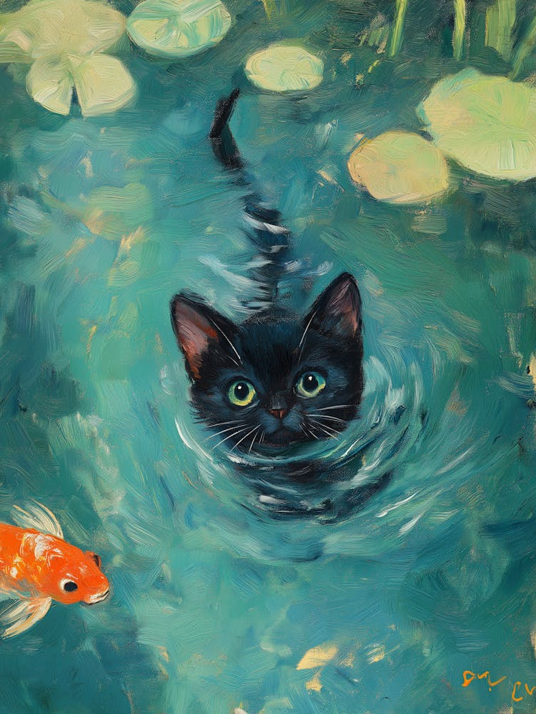 Black Cat Swimming In The Water, Green Blue Lake With Lotus Flowers And Goldfish