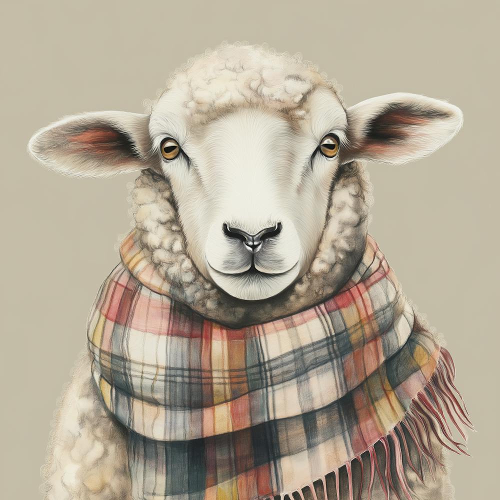 Watercolor Illustration Of Sheep Wearing A Plaid Scarf