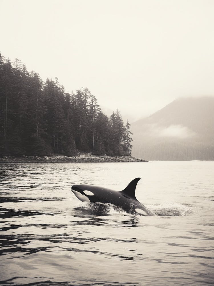Misty Black & White Orca Whale Forest And Ocean Photography Style 3