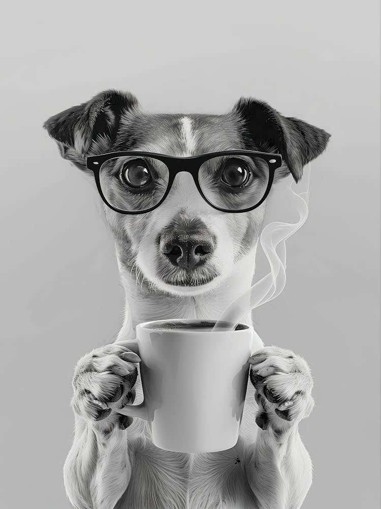 Jack Russell And Coffee Wall Art, Black And White Print, Coffee Lover Print, Dog Gift, Funny Dog Poster, Coffee Bar Art, Kitchen Wall Decor
