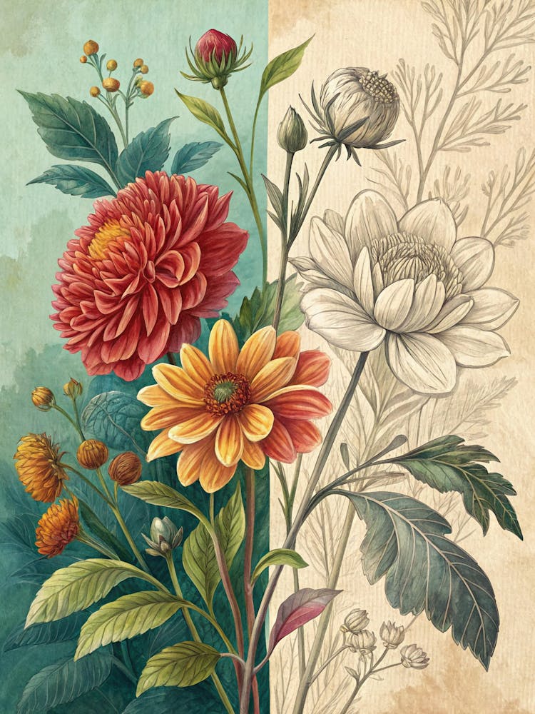 Oil Painting Style Botanical Split Canvas