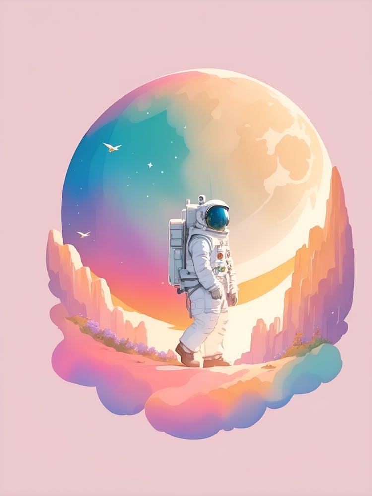 Spazierender Astronaut Pastell-Illustration für das Kinderzimmer