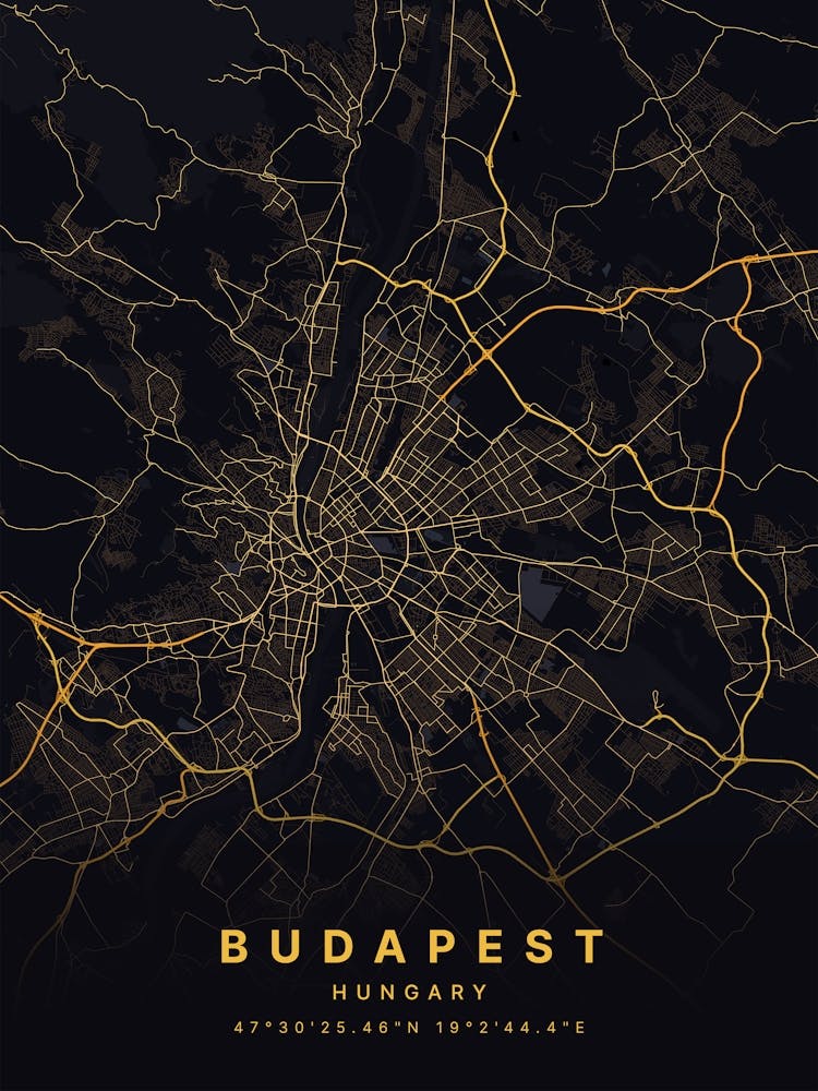 Budapest Hungary Black And Gold Map